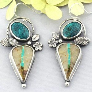 Floral Southwestern Hubei and Boulder Turquoise Earrings In .925 Silver